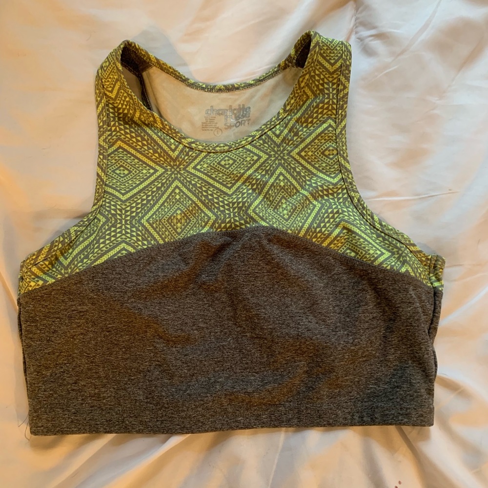 REPOSHING gray and yellow sports bra